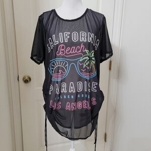 Graphic Tropical Sheer Drawstring Swim Coverup